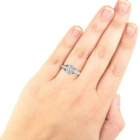 1 CARAT E SI DIAMOND SAPPHIRE ENGAGEMENT RING VINTAGE STYLE ART DECO BEZEL ROUND