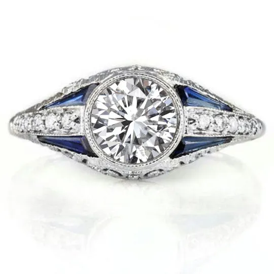 1 CARAT E SI DIAMOND SAPPHIRE ENGAGEMENT RING VINTAGE STYLE ART DECO BEZEL ROUND