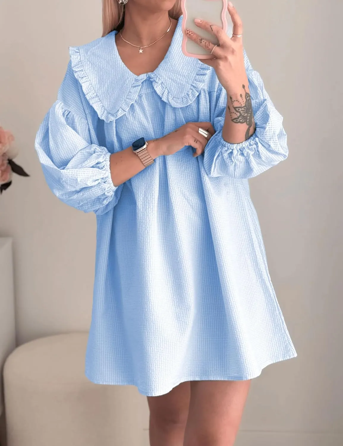 2025 Women's Babydoll 3/4 Puff Sleeve Plaid Mini Dress Lapel Doll Collar Loose Y2k Dress
