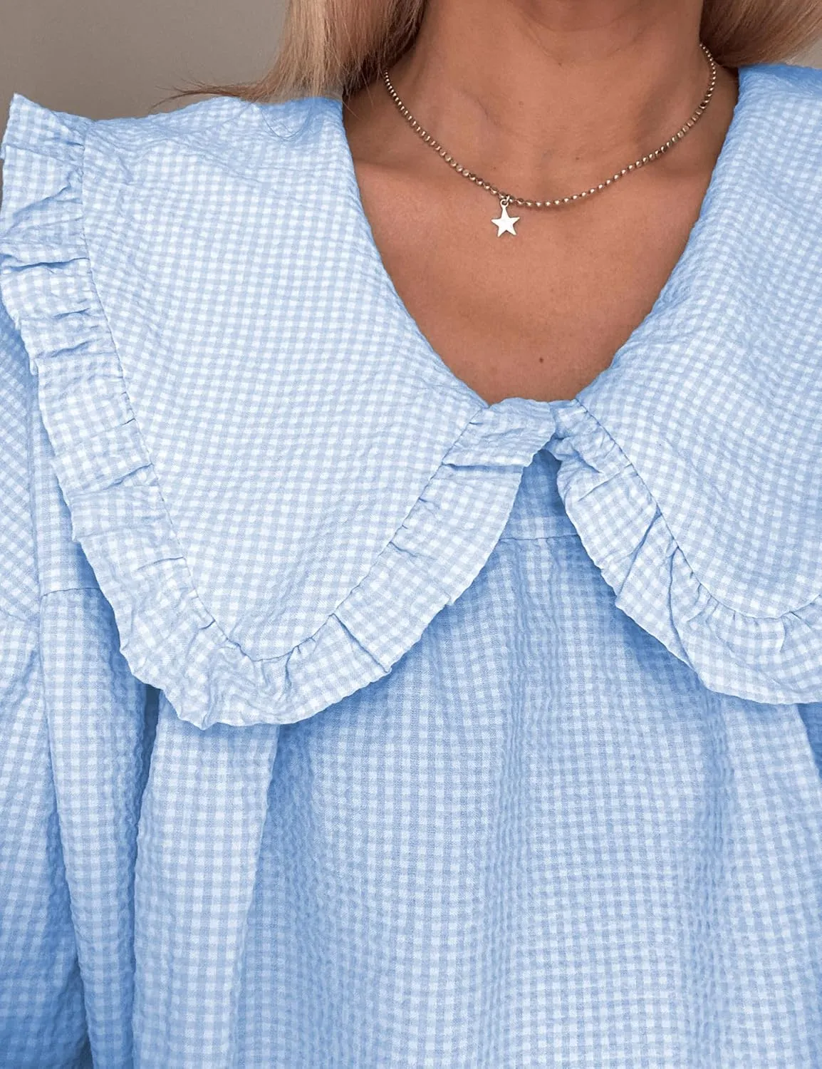 2025 Women's Babydoll 3/4 Puff Sleeve Plaid Mini Dress Lapel Doll Collar Loose Y2k Dress