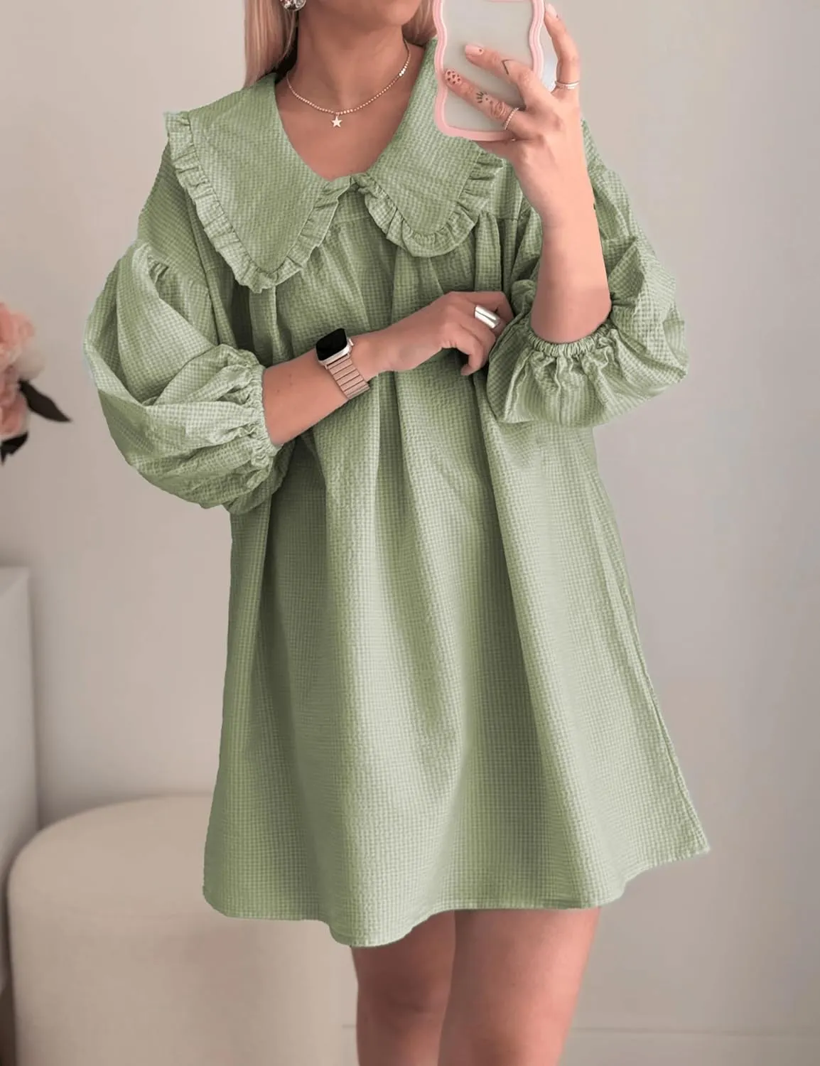 2025 Women's Babydoll 3/4 Puff Sleeve Plaid Mini Dress Lapel Doll Collar Loose Y2k Dress