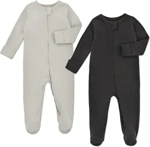 Aablexema Baby Pajamas with Feet and Mittens 2-Pack Zip Up Infant Cotton Long Sleeve Footies Sleep and Play