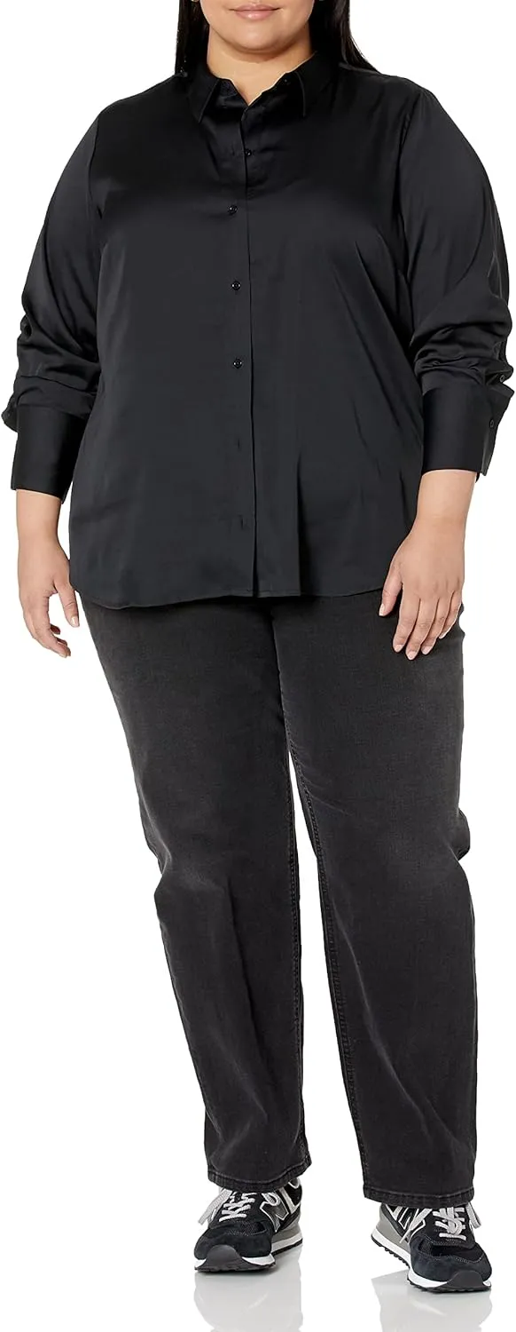 Amazon Essentials Women's Classic-Fit Satin Button Down Blouse (Available in Plus Size)