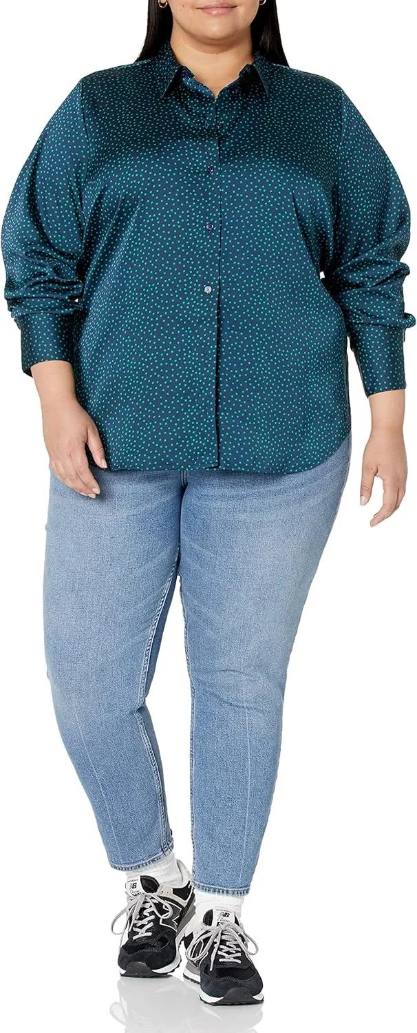 Amazon Essentials Women's Classic-Fit Satin Button Down Blouse (Available in Plus Size)
