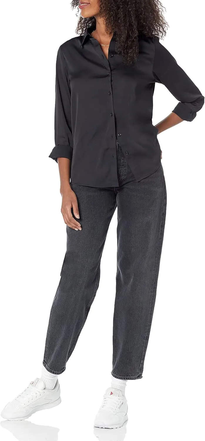 Amazon Essentials Women's Classic-Fit Satin Button Down Blouse (Available in Plus Size)