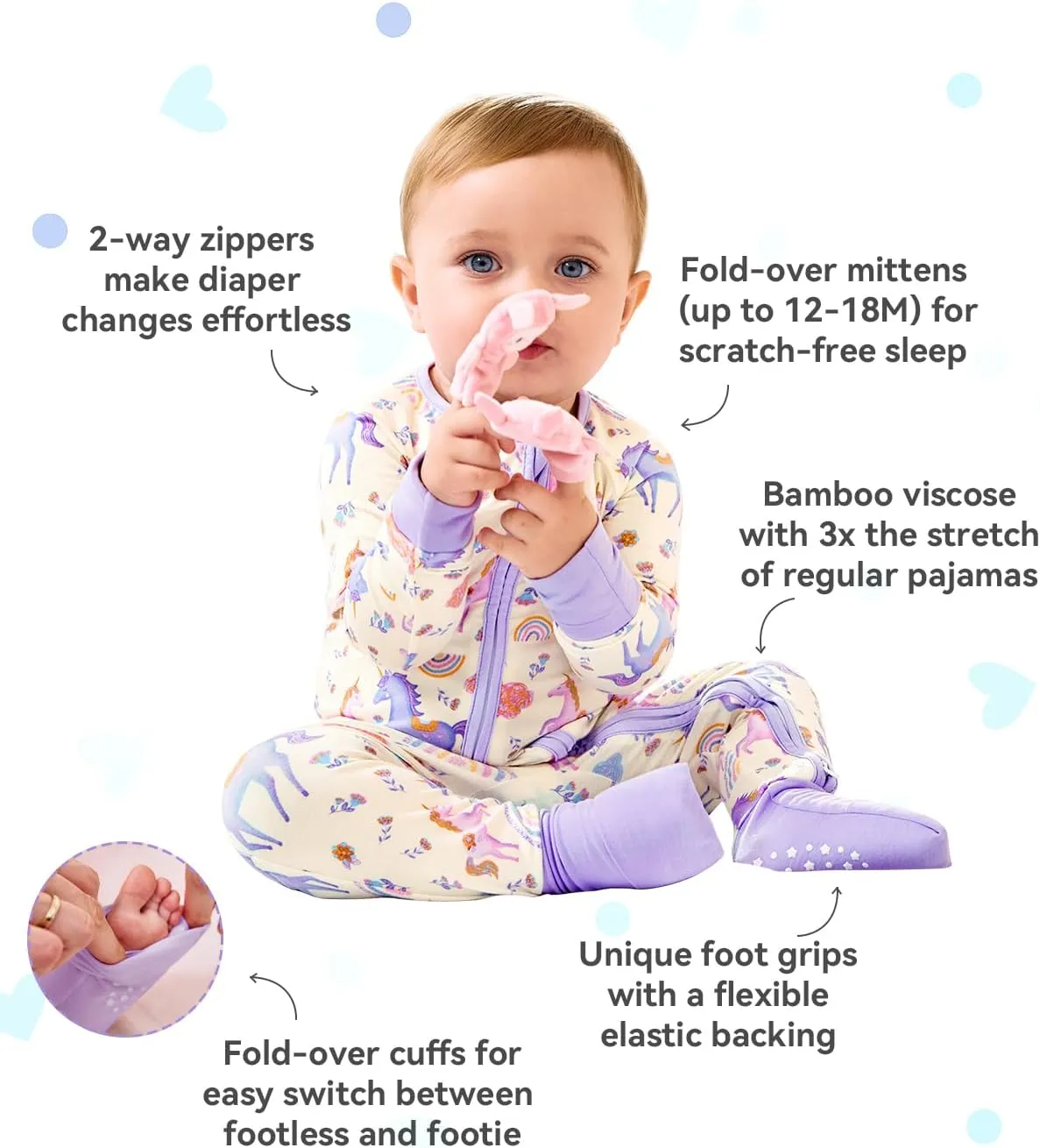 Bamboo Viscose Convertible Baby Footies Pajamas, footies for babies, Zipper Pajamas Baby Girls 0-24M