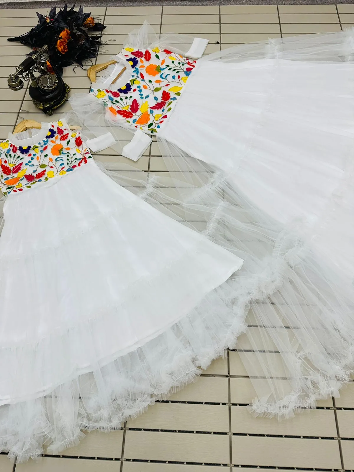 Beautiful Work White Color Mother Daughter Gown