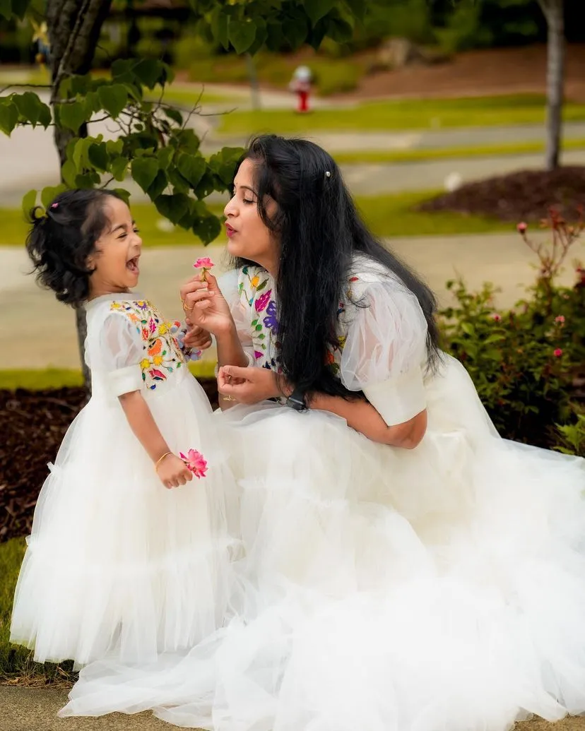 Beautiful Work White Color Mother Daughter Gown