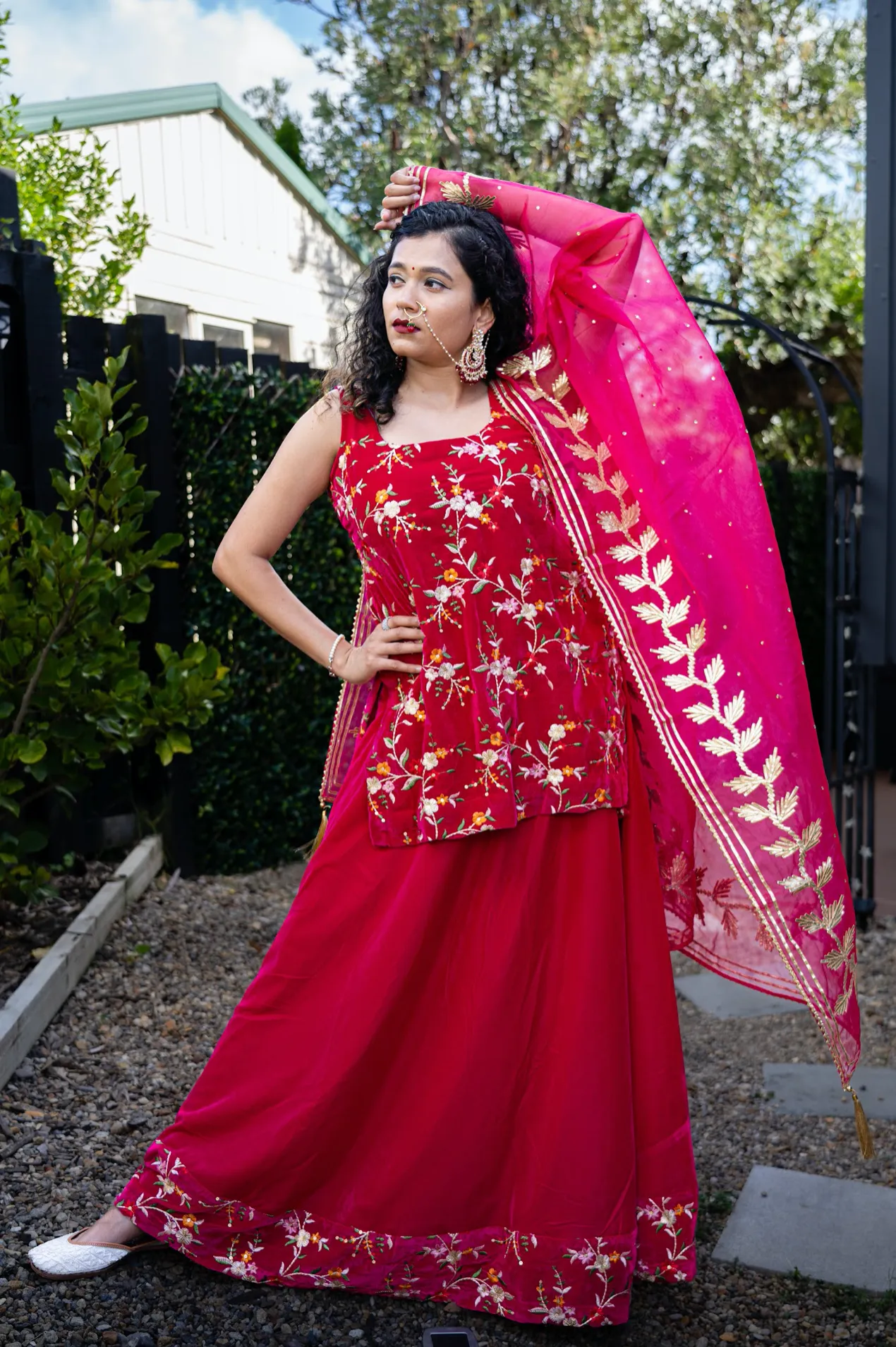 Begum Rani Pink Velvet Kurta and Lehenga Set