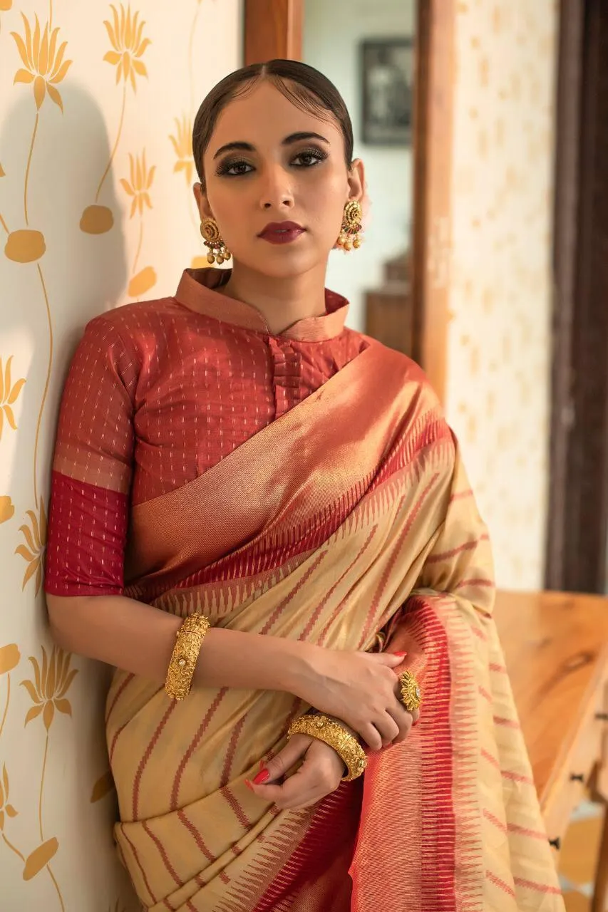 Beige Stripes Semi Tussar Silk  Saree