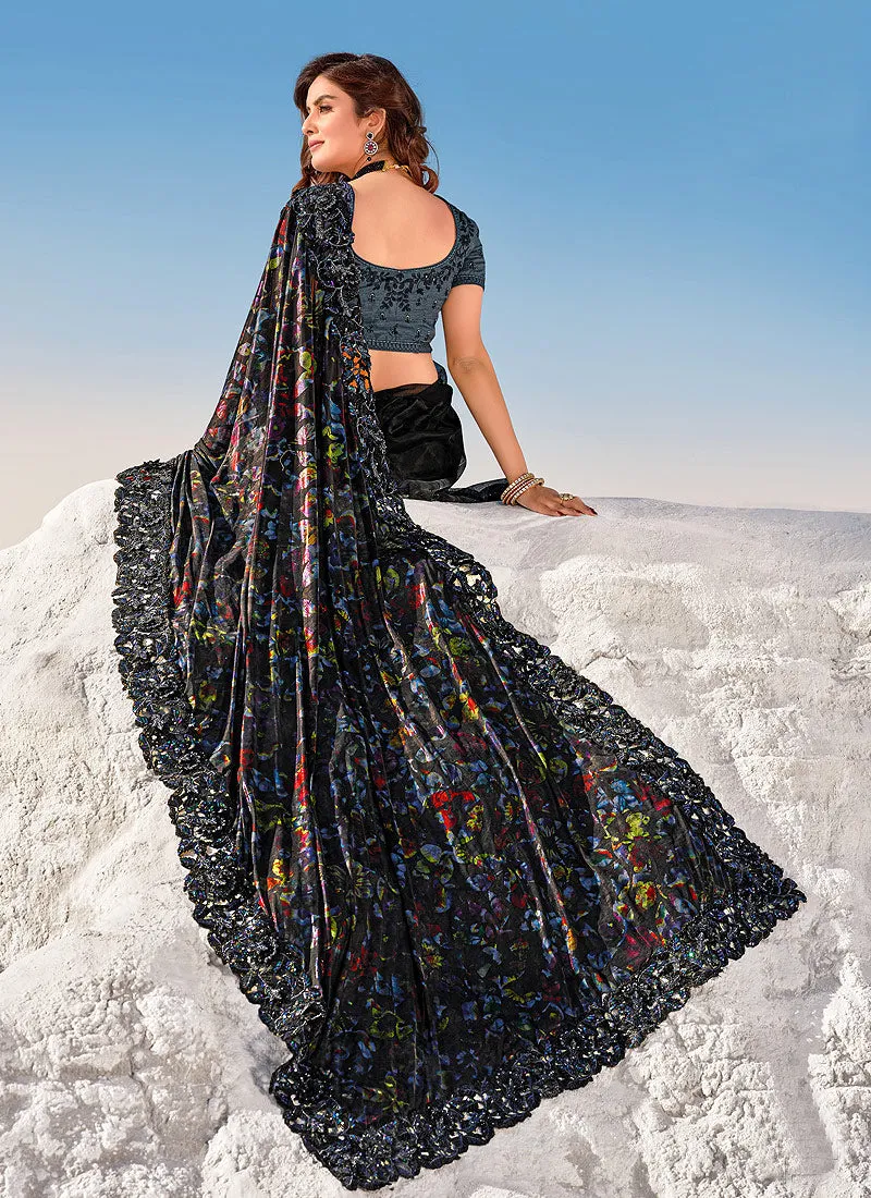 Black Digital Prints And Sequence Embroidered Indian Designer Saree