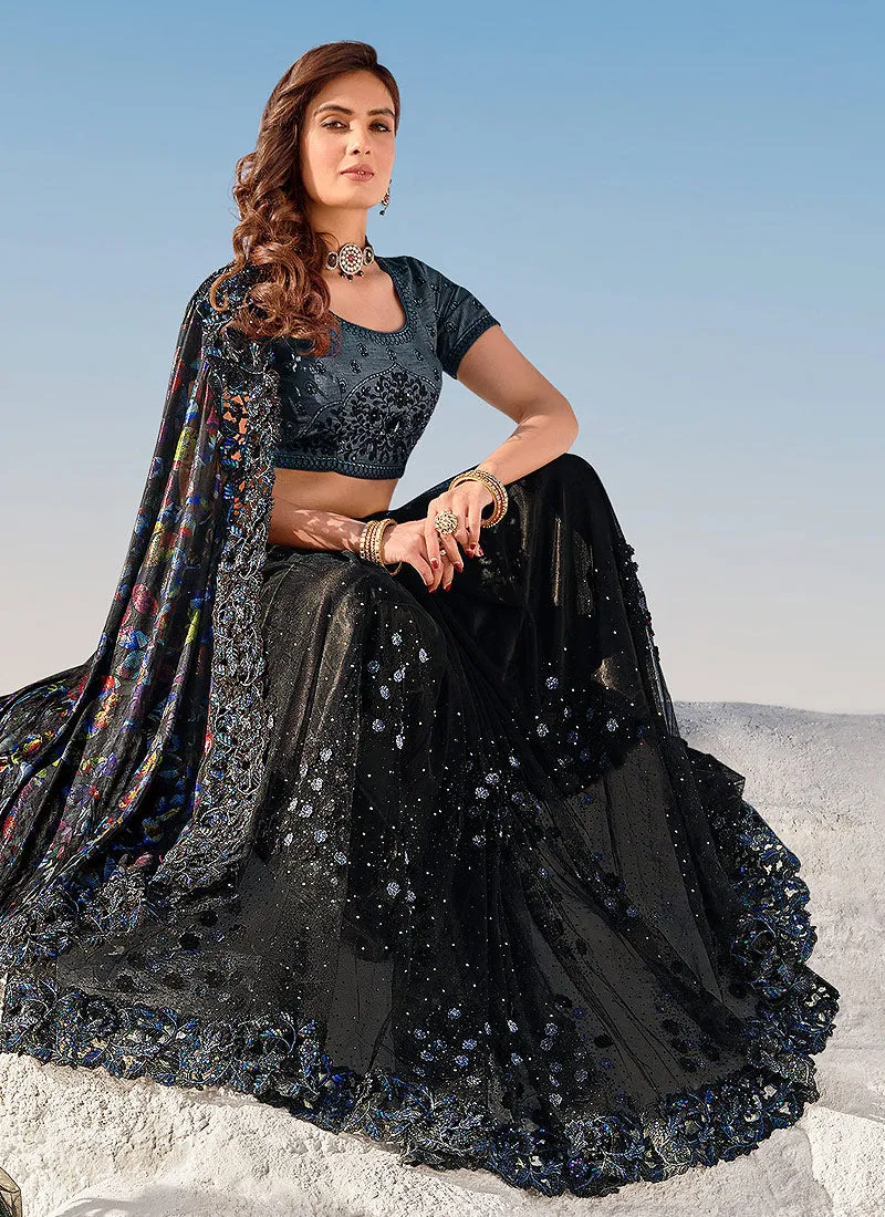 Black Digital Prints And Sequence Embroidered Indian Designer Saree