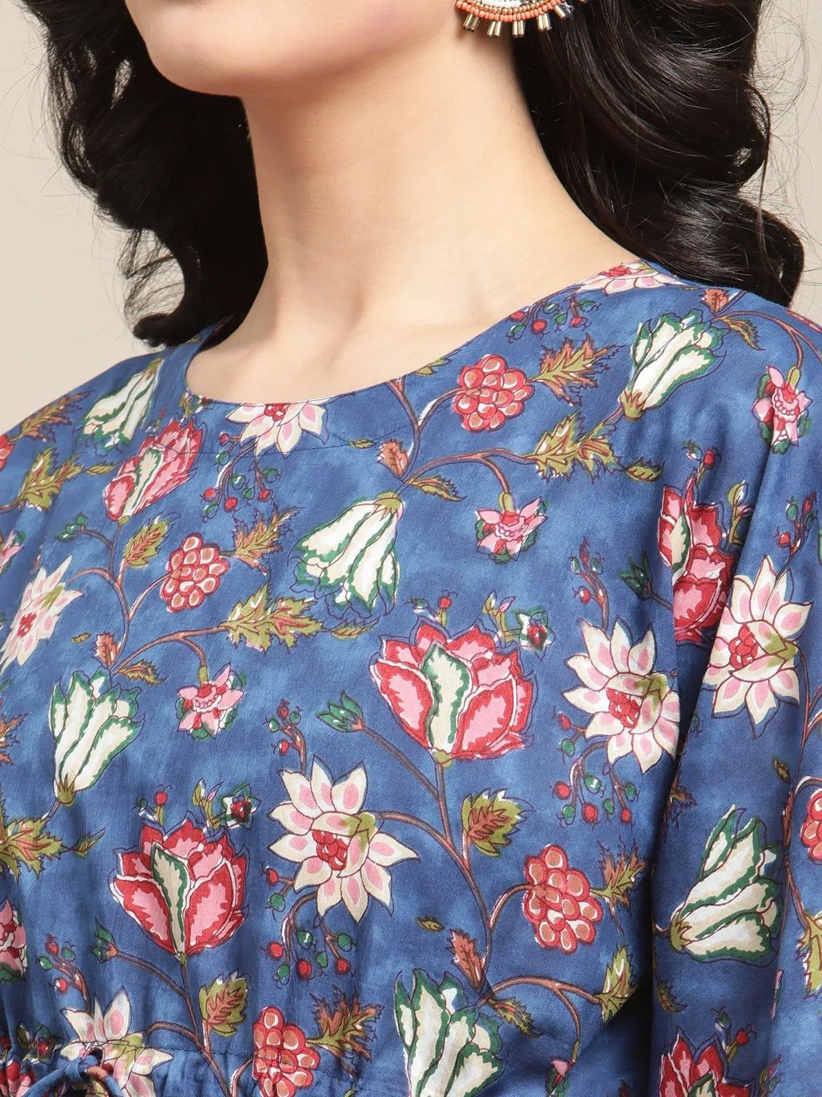 Blue And Peach Floral Printed Kaftan And Trouser Set