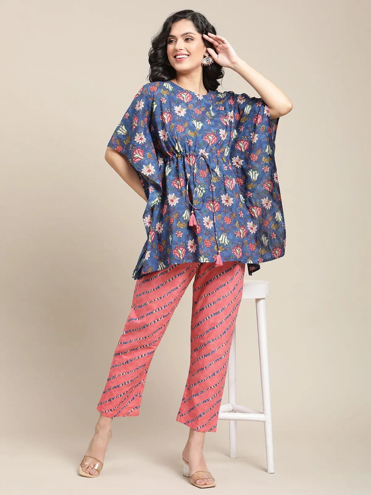 Blue And Peach Floral Printed Kaftan And Trouser Set
