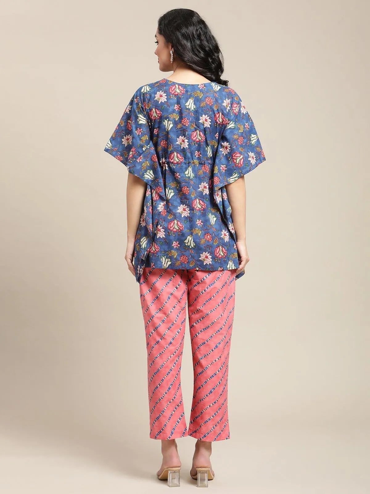 Blue And Peach Floral Printed Kaftan And Trouser Set