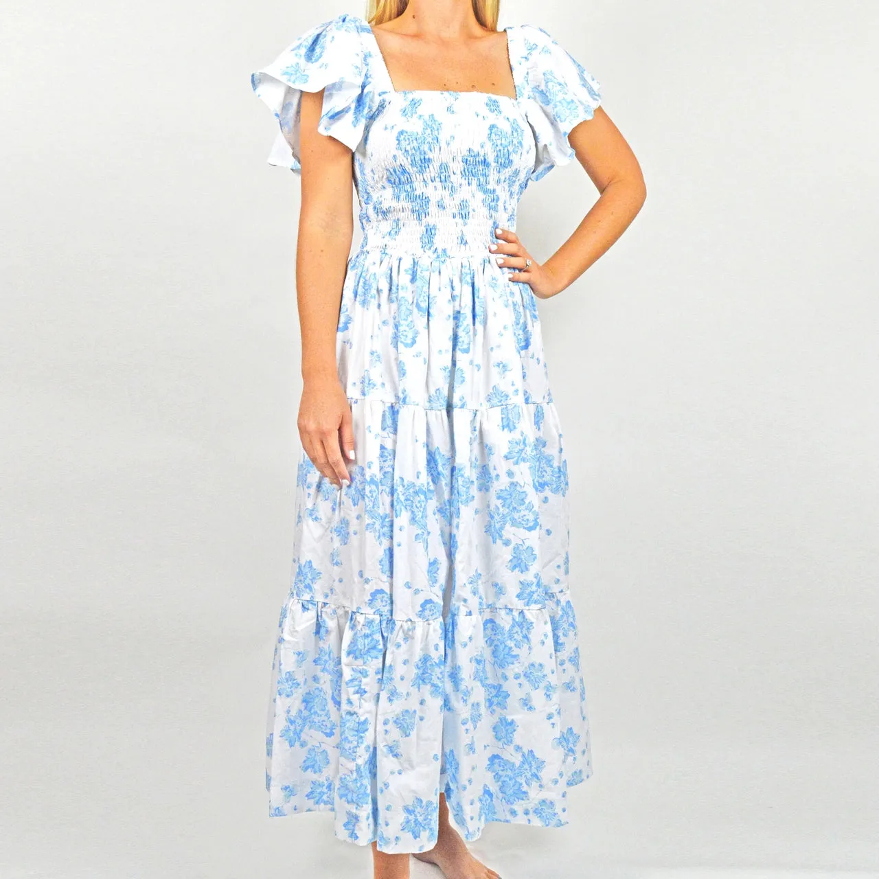 Blue Floral Smocked Flutter Slv Dress