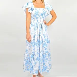 Blue Floral Smocked Flutter Slv Dress