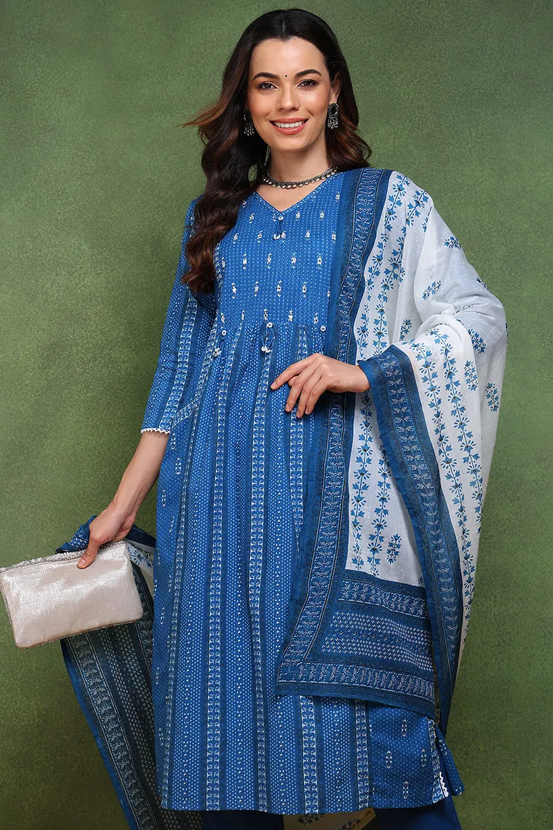 Blue Pure Cotton Ethnic Motifs Printed Straight Suit Set