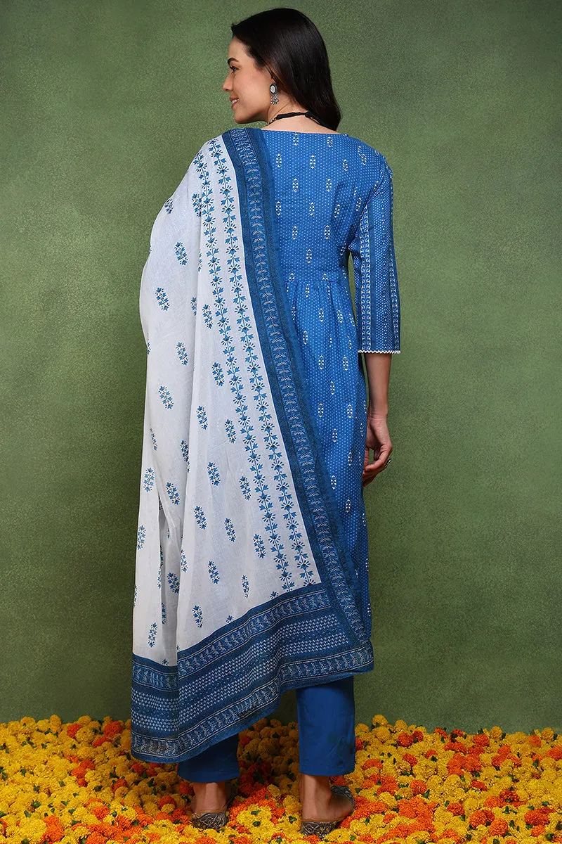 Blue Pure Cotton Ethnic Motifs Printed Straight Suit Set