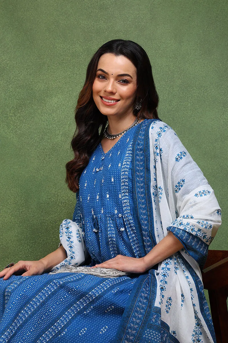 Blue Pure Cotton Ethnic Motifs Printed Straight Suit Set