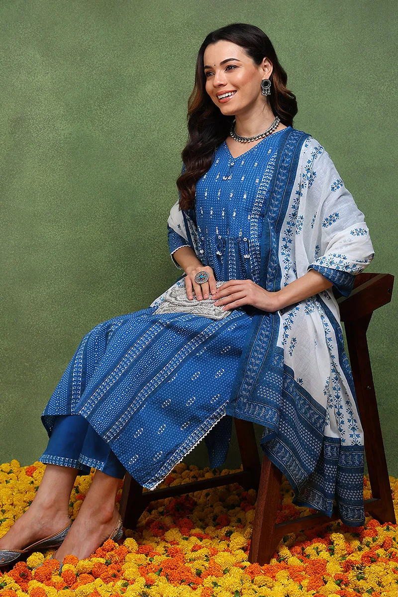 Blue Pure Cotton Ethnic Motifs Printed Straight Suit Set