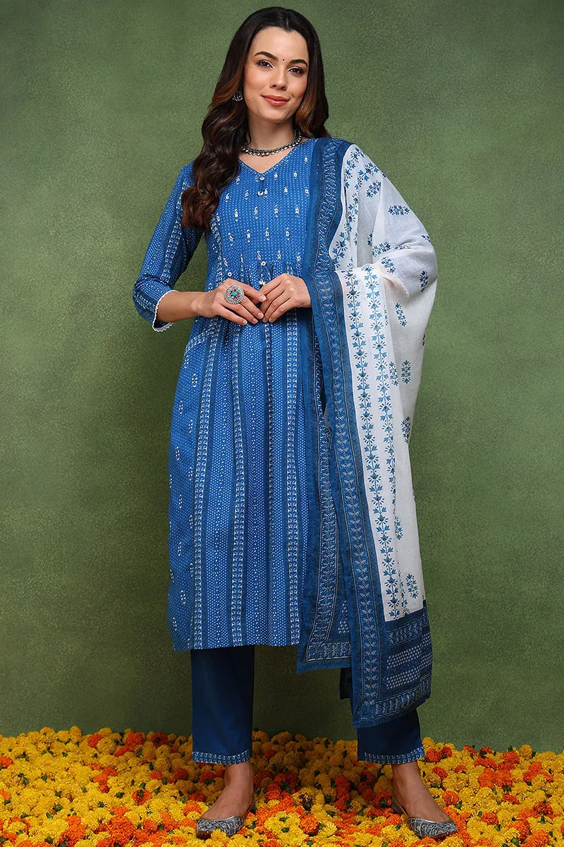 Blue Pure Cotton Ethnic Motifs Printed Straight Suit Set