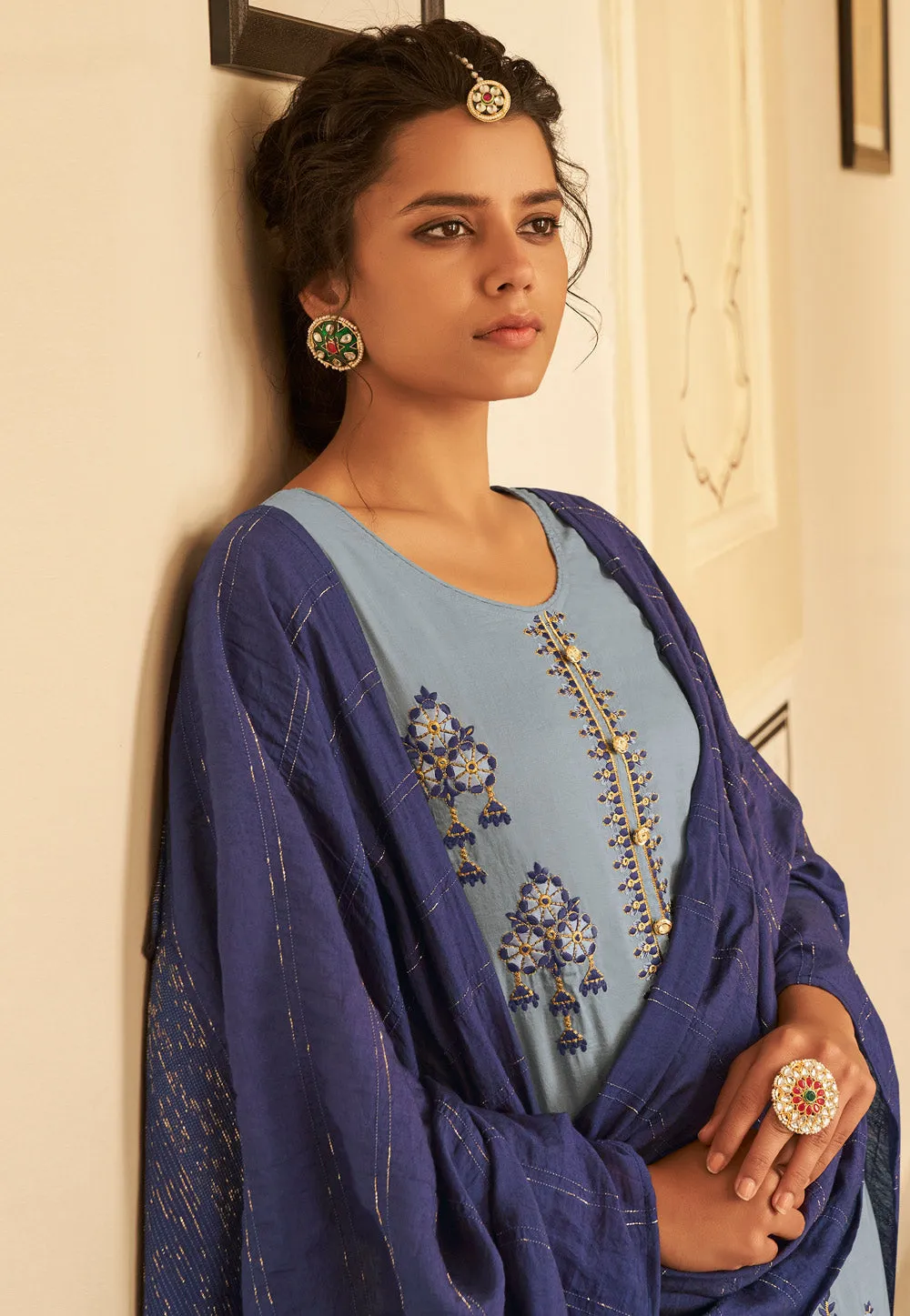 Blue Two Tone Embroidered Pakistani Pant Suit