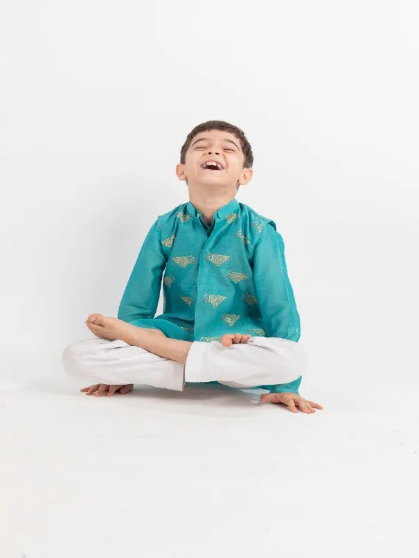 Boys Teal Embroidered Chanderi Jacket Kurta Set (Set of 3)