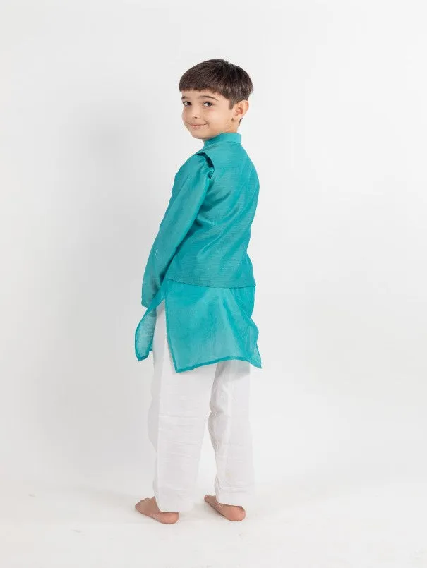 Boys Teal Embroidered Chanderi Jacket Kurta Set (Set of 3)