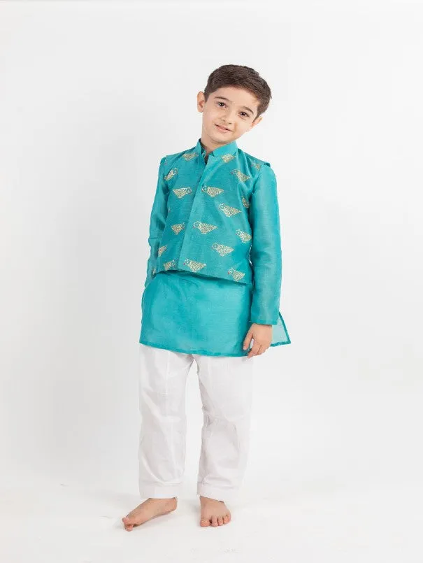 Boys Teal Embroidered Chanderi Jacket Kurta Set (Set of 3)