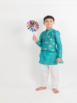 Boys Teal Embroidered Chanderi Jacket Kurta Set (Set of 3)