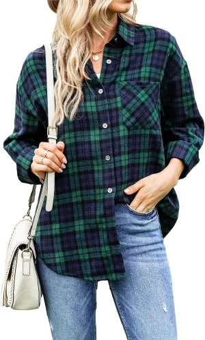 Bozanly Womens Flannel Plaid Shirts Oversized Long Sleeve Button Down Shacket Blouse Tops