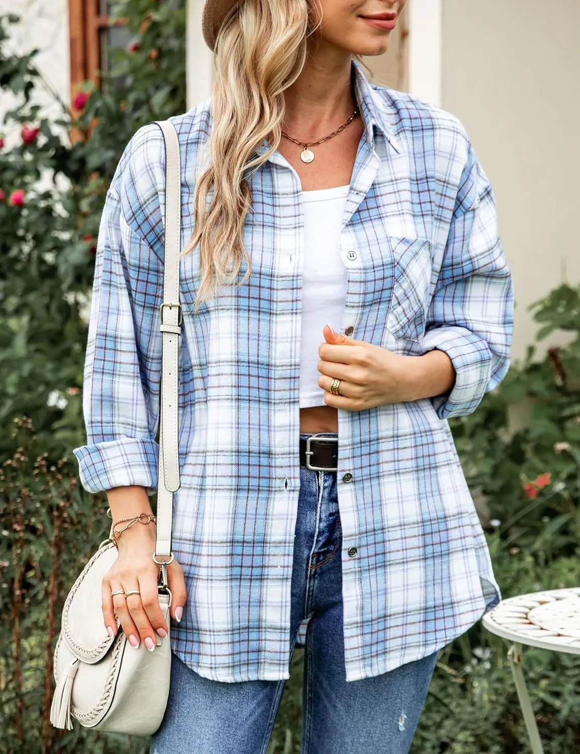 Bozanly Womens Flannel Plaid Shirts Oversized Long Sleeve Button Down Shacket Blouse Tops