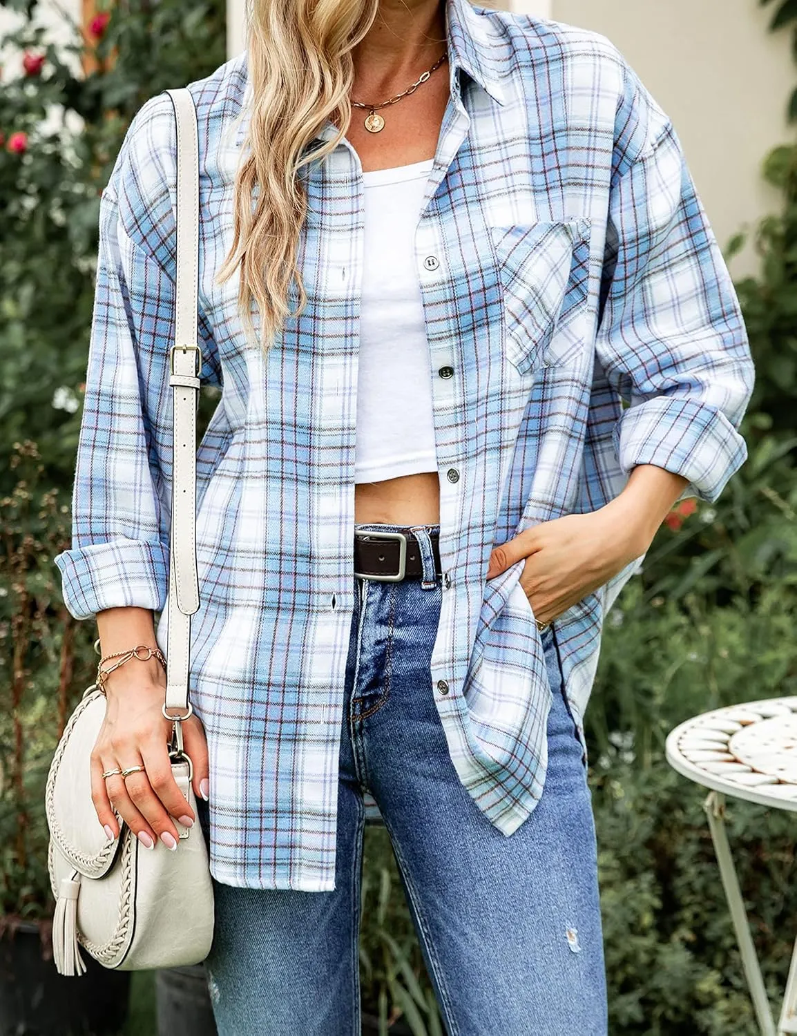 Bozanly Womens Flannel Plaid Shirts Oversized Long Sleeve Button Down Shacket Blouse Tops