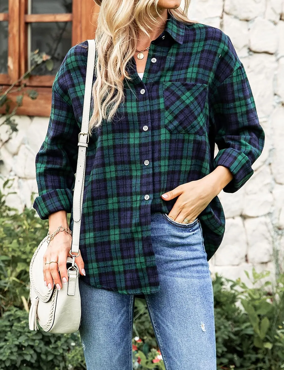 Bozanly Womens Flannel Plaid Shirts Oversized Long Sleeve Button Down Shacket Blouse Tops