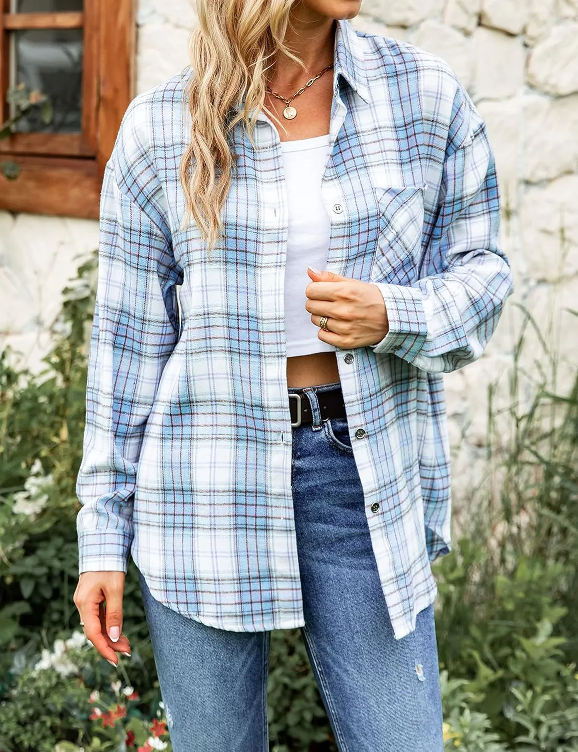 Bozanly Womens Flannel Plaid Shirts Oversized Long Sleeve Button Down Shacket Blouse Tops