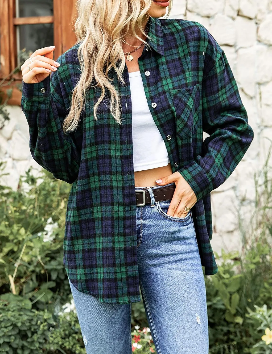 Bozanly Womens Flannel Plaid Shirts Oversized Long Sleeve Button Down Shacket Blouse Tops