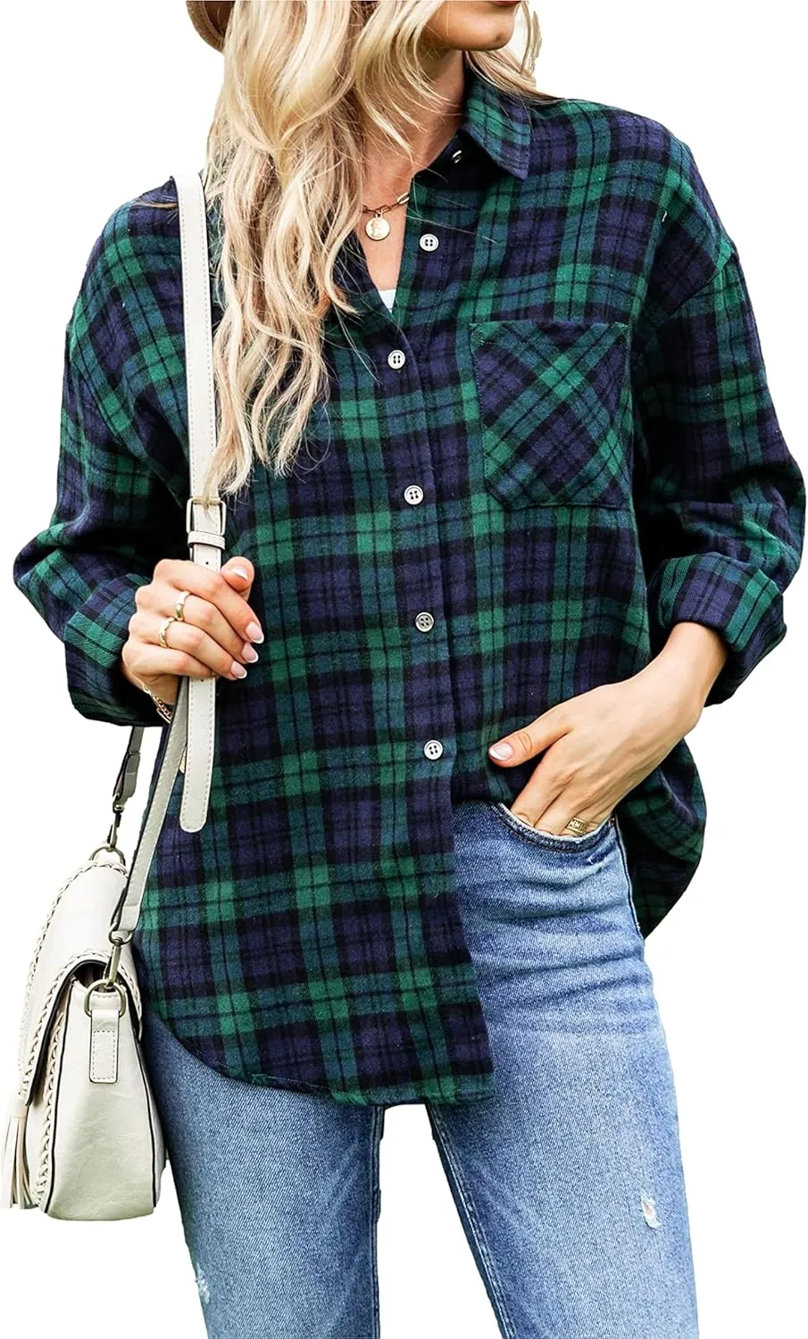 Bozanly Womens Flannel Plaid Shirts Oversized Long Sleeve Button Down Shacket Blouse Tops