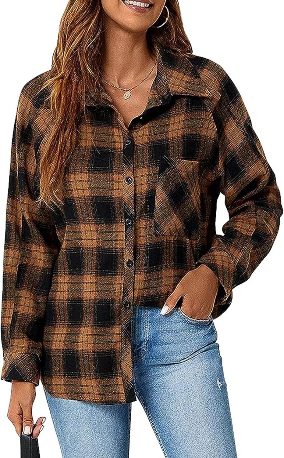 Bozanly Womens Flannel Plaid Shirts Oversized Long Sleeve Button Down Shacket Blouse Tops