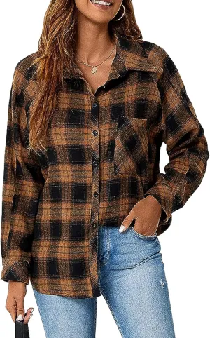 Bozanly Womens Flannel Plaid Shirts Oversized Long Sleeve Button Down Shacket Blouse Tops
