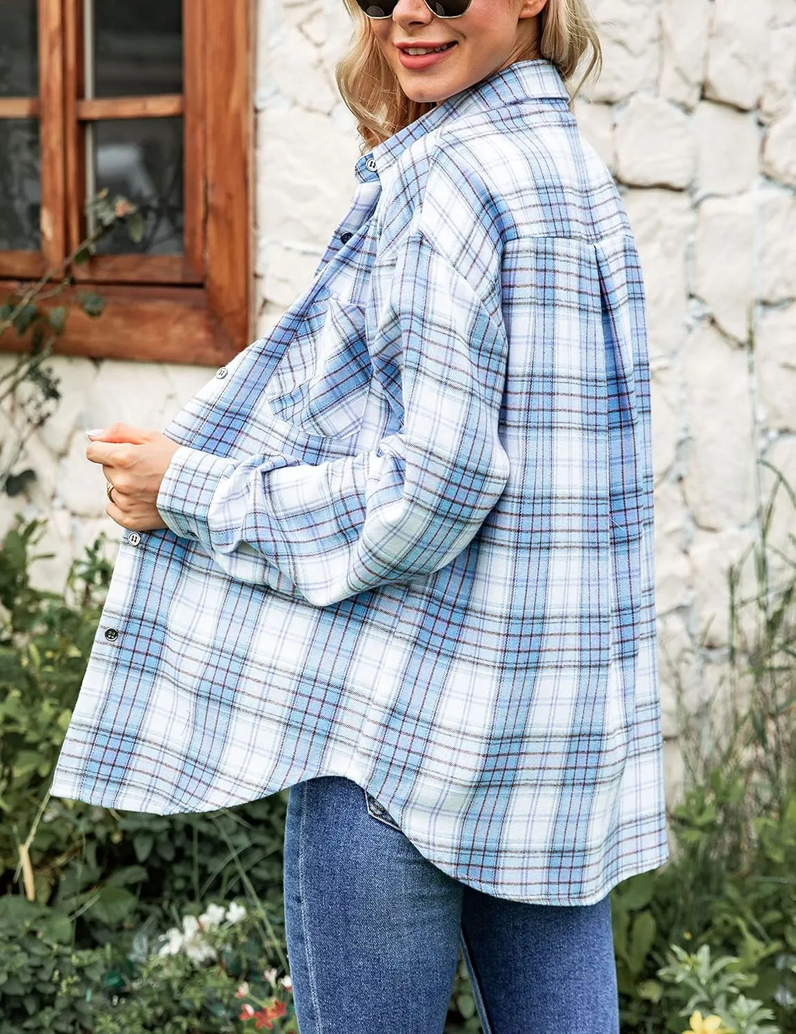 Bozanly Womens Flannel Plaid Shirts Oversized Long Sleeve Button Down Shacket Blouse Tops