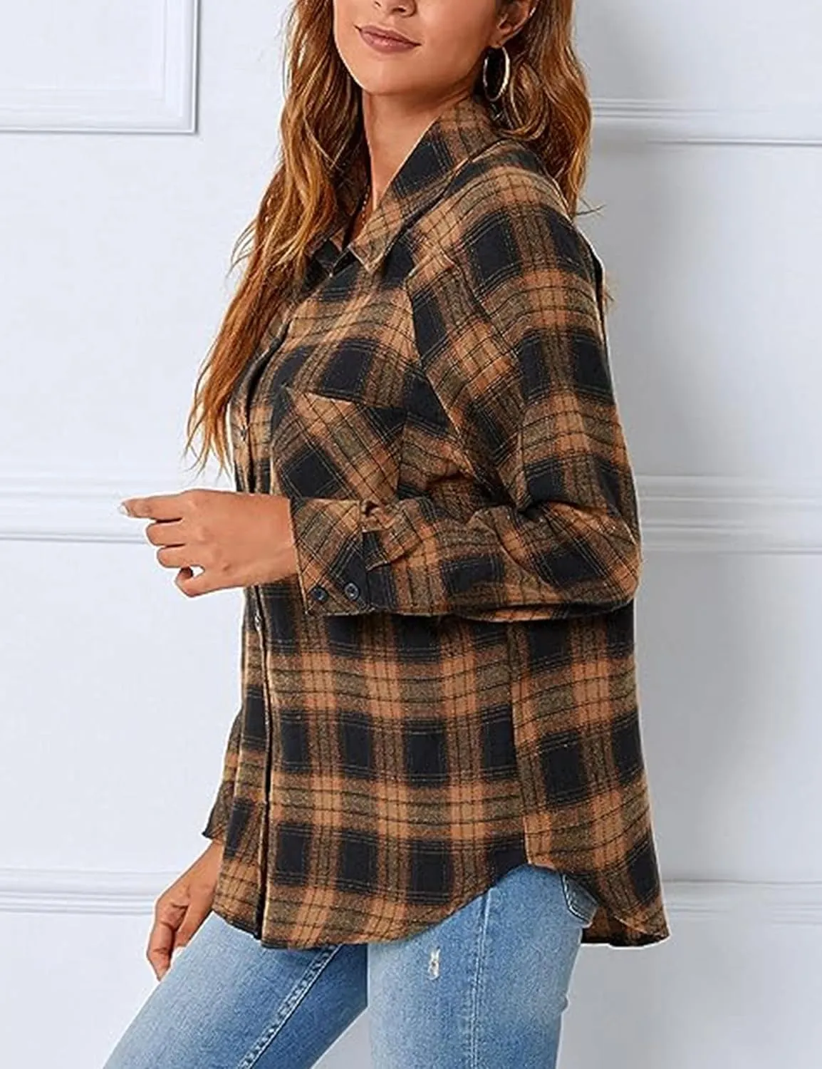Bozanly Womens Flannel Plaid Shirts Oversized Long Sleeve Button Down Shacket Blouse Tops