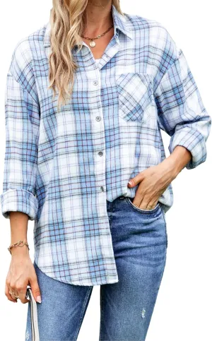Bozanly Womens Flannel Plaid Shirts Oversized Long Sleeve Button Down Shacket Blouse Tops
