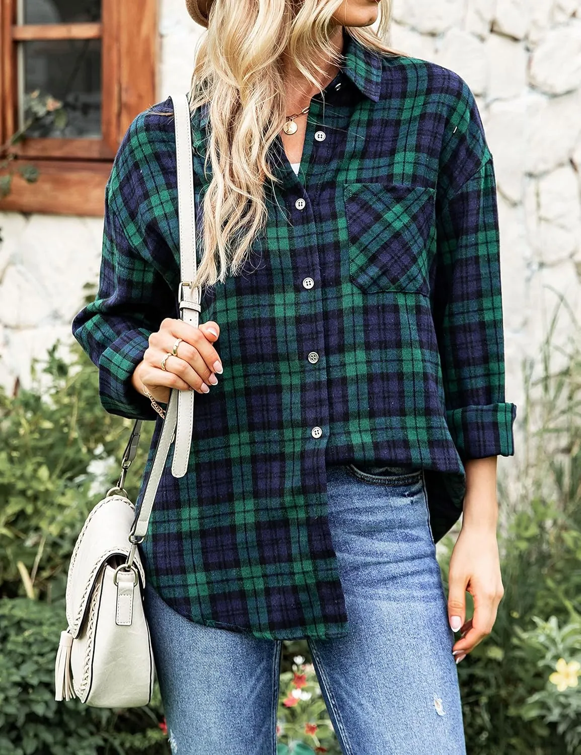 Bozanly Womens Flannel Plaid Shirts Oversized Long Sleeve Button Down Shacket Blouse Tops