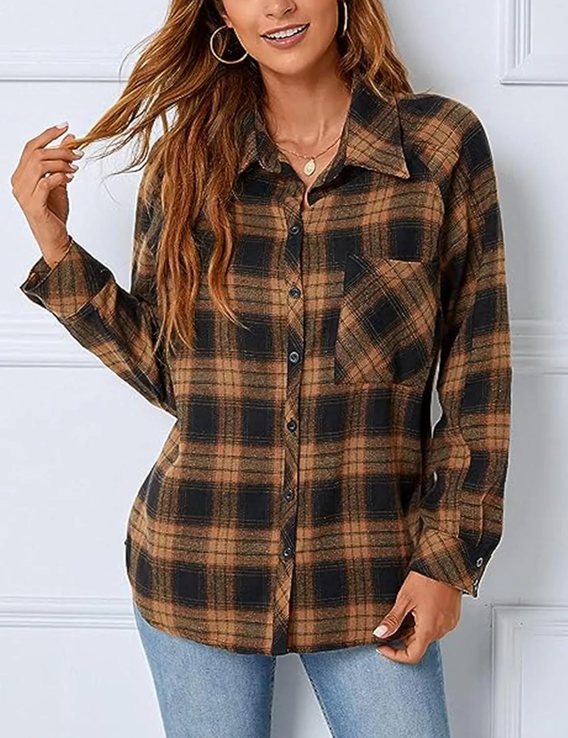 Bozanly Womens Flannel Plaid Shirts Oversized Long Sleeve Button Down Shacket Blouse Tops
