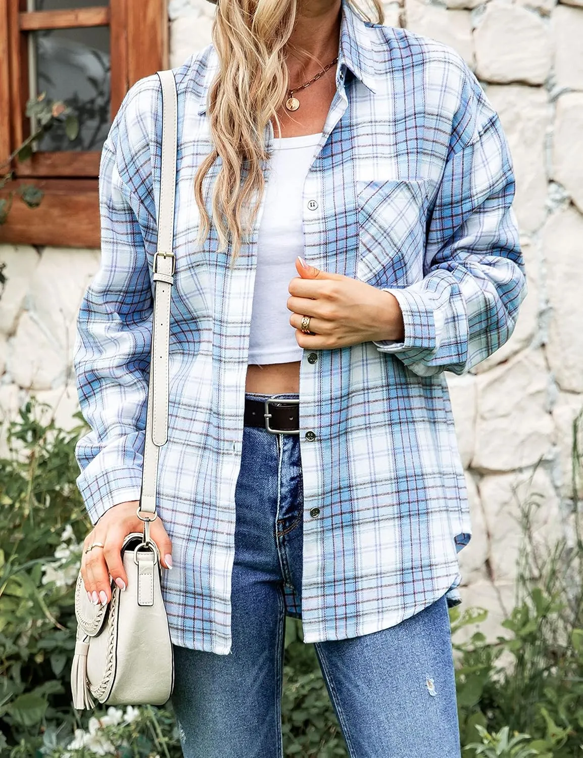 Bozanly Womens Flannel Plaid Shirts Oversized Long Sleeve Button Down Shacket Blouse Tops