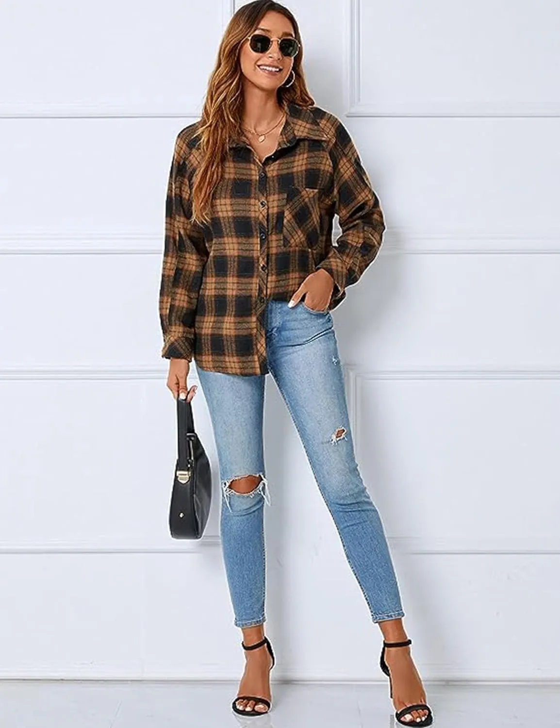 Bozanly Womens Flannel Plaid Shirts Oversized Long Sleeve Button Down Shacket Blouse Tops