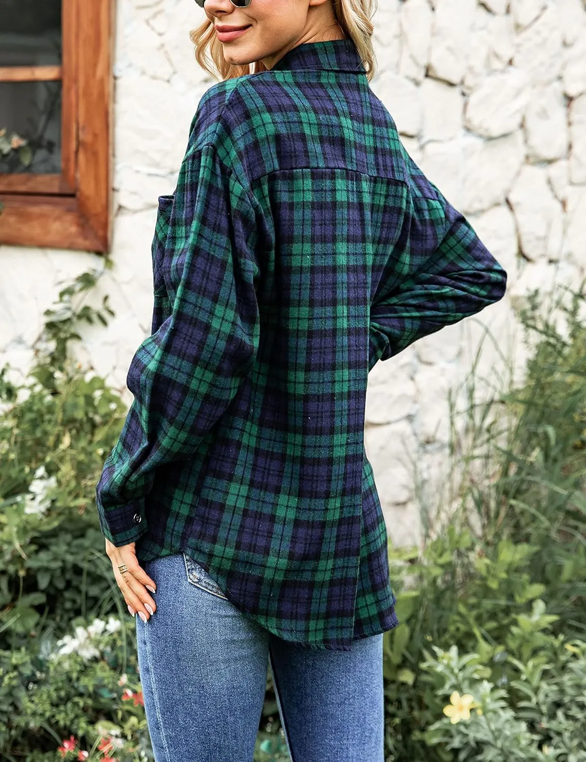 Bozanly Womens Flannel Plaid Shirts Oversized Long Sleeve Button Down Shacket Blouse Tops