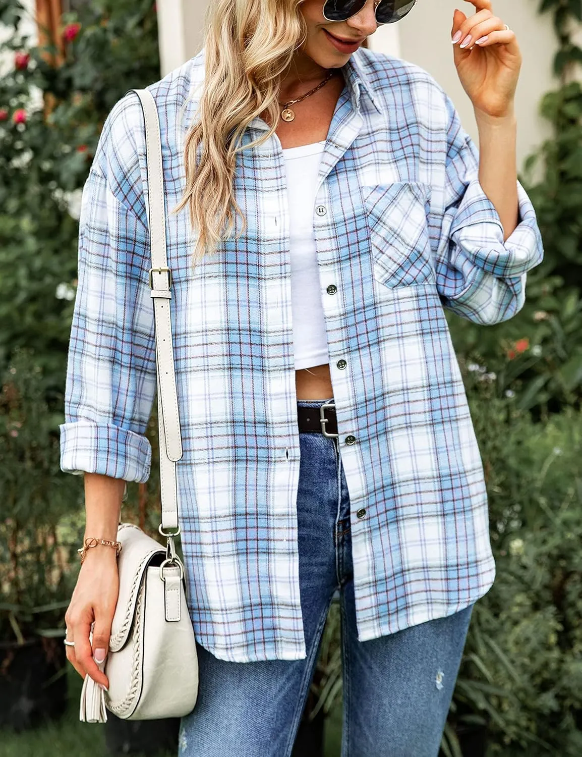 Bozanly Womens Flannel Plaid Shirts Oversized Long Sleeve Button Down Shacket Blouse Tops