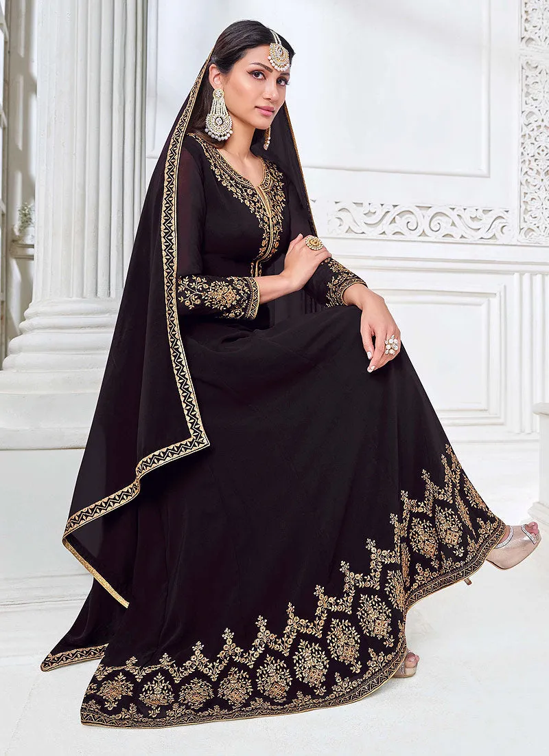 Brown Traditional Zari Embroidered Slit Style Pant Suit